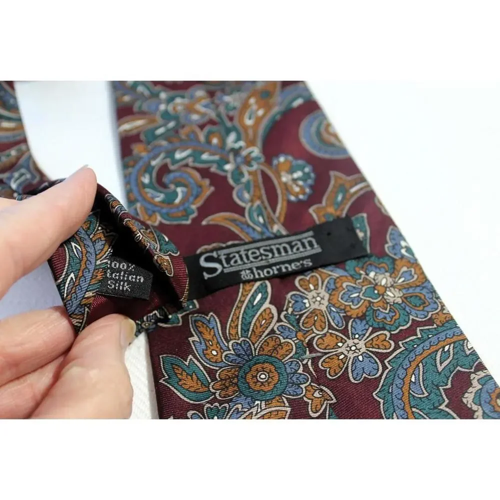 Vintage Statesman Silk Necktie, Joseph Horne's, 4 X 57, Burgundy, Blue Paisley